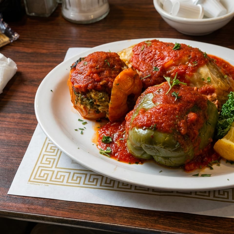 Plate of stuffed vegetables topped with tomato sauce, garnished with parsley and lemon wedges on a restaurant table.