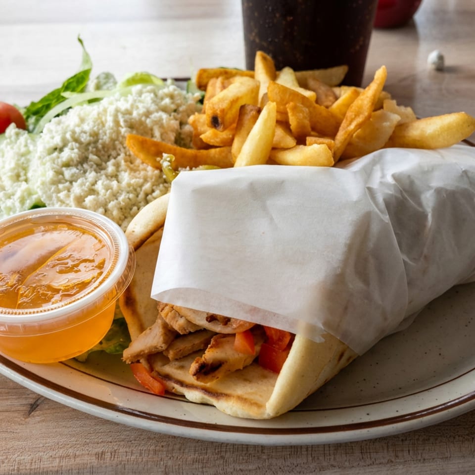 Gyro wrap with fries, rice, salad, and orange dipping sauce served on a plate atop a wooden table.