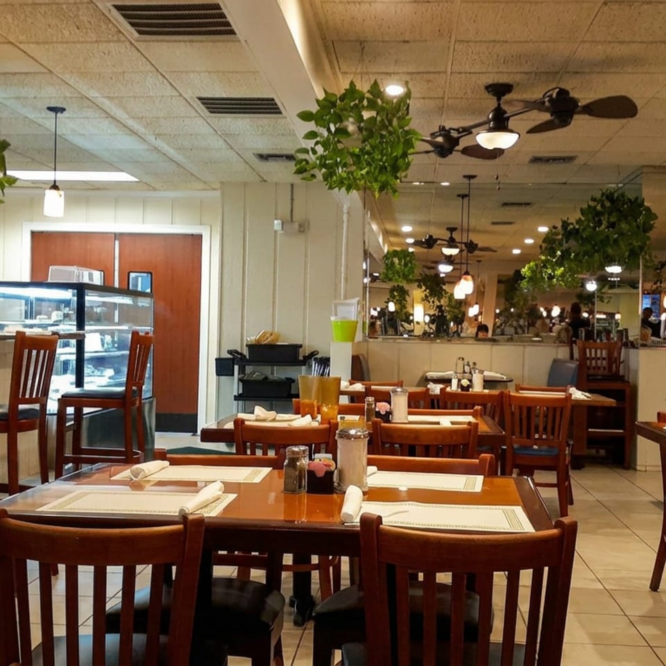 Bright casual restaurant dining room with wooden tables, hanging plants, ceiling fans, counter service, and diners.