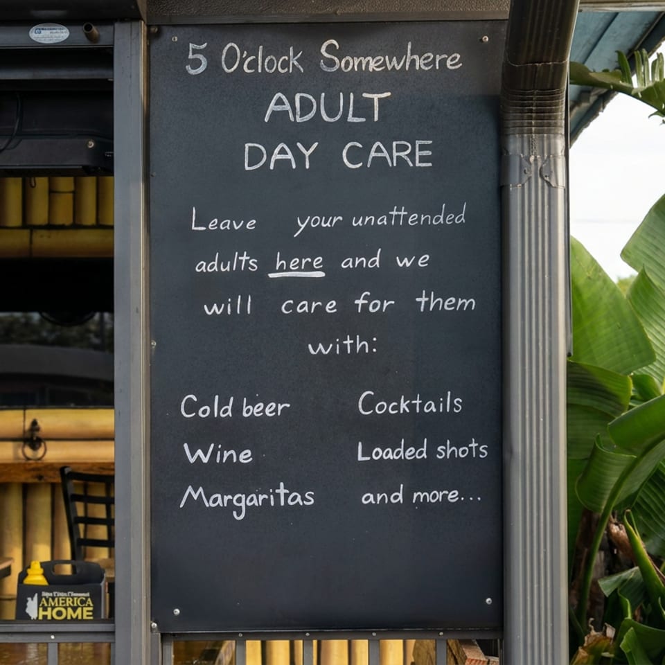 Chalkboard sign outside a tropical restaurant humorously advertises adult day care with beer, wine, cocktails, margaritas, and shots.