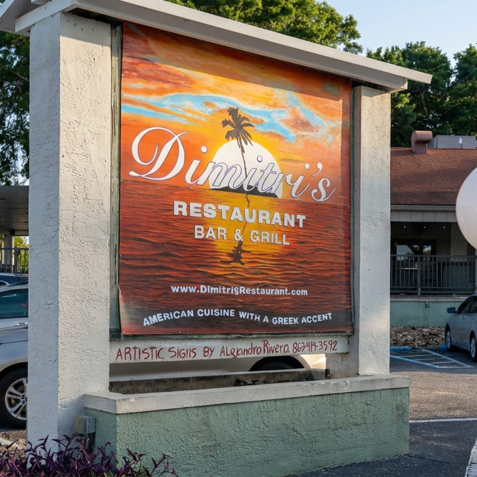 Dimitri’s Restaurant Bar & Grill sign featuring a sunset mural stands outside the restaurant’s parking lot.